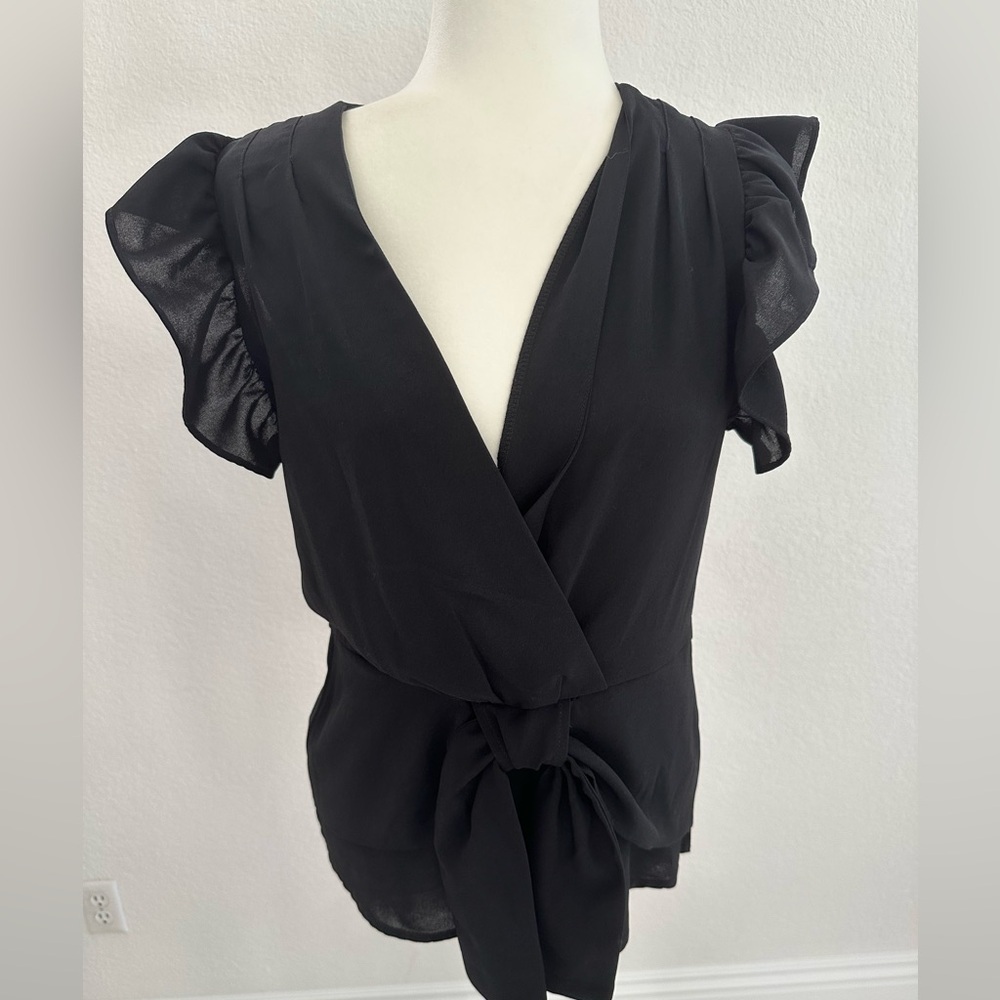 Bella D. Black Ruffle Sleeve Wrap Blouse NWOT